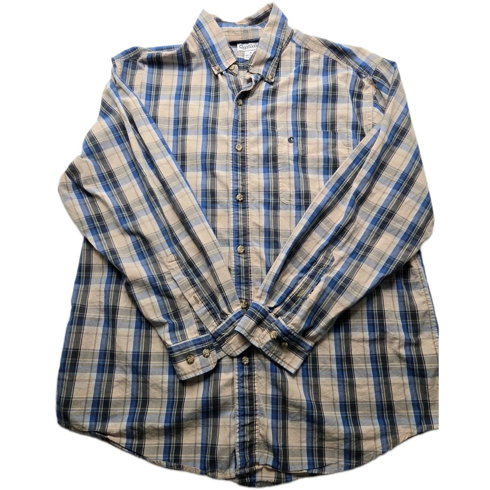 Carhartt Men's Large Plaid Long Sleeve Button Down Shirt Tan Blue Cotton